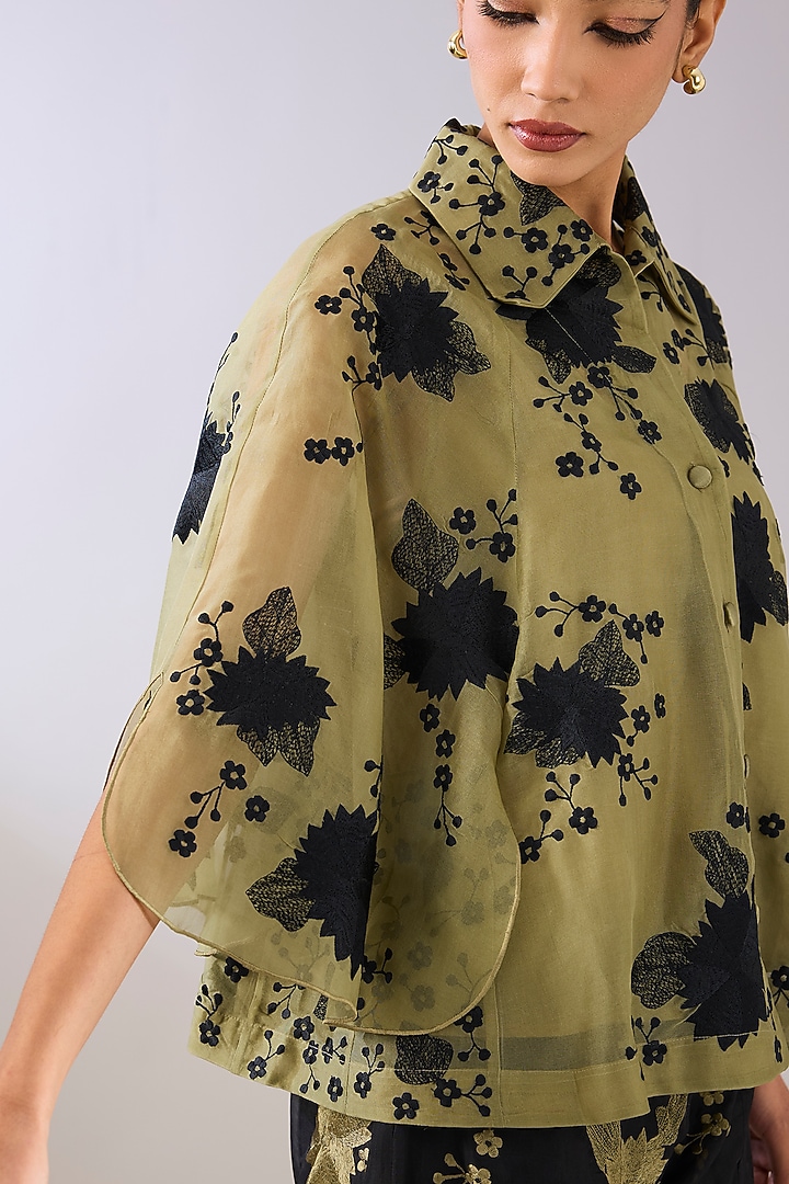Jade Green & Black Silk Organza Thread Embroidered Cape by Peachoo at Pernia's Pop Up Shop