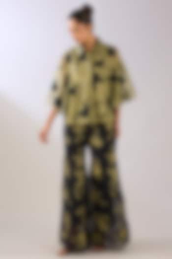 Black Silk Organza Thread Embroidered Palazzo Pant by Peachoo at Pernia's Pop Up Shop