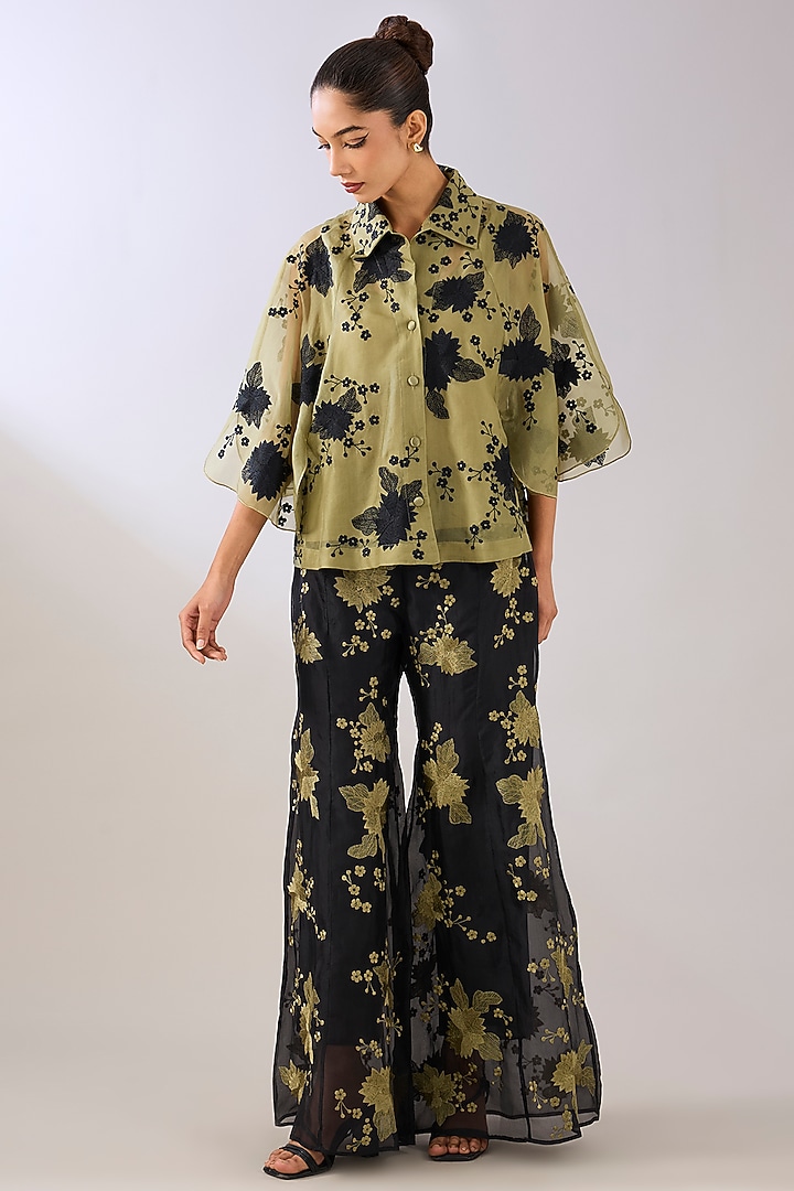 Black Silk Organza Thread Embroidered Palazzo Pant by Peachoo at Pernia's Pop Up Shop