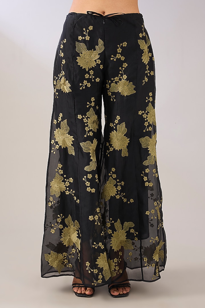 Black Silk Organza Thread Embroidered Palazzo Pant by Peachoo at Pernia's Pop Up Shop