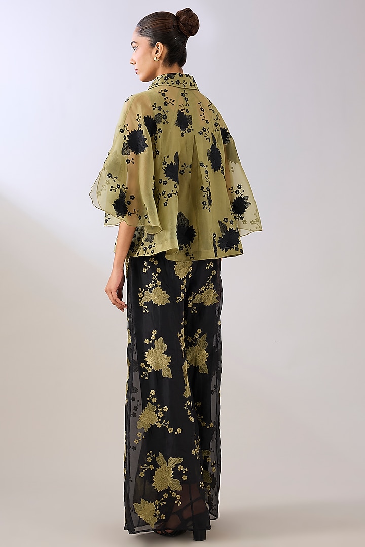 Black Silk Organza Thread Embroidered Palazzo Pant by Peachoo at Pernia's Pop Up Shop