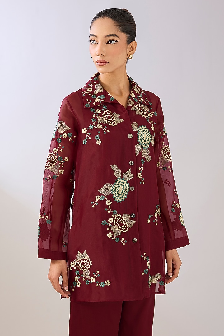 Ruby Red Silk Organza Thread Embroidered Jacket by Peachoo at Pernia's Pop Up Shop