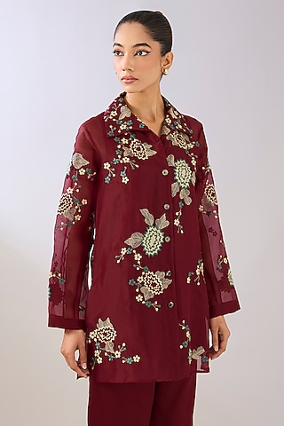 Ruby Red Silk Organza Thread Embroidered Jacket by Peachoo
