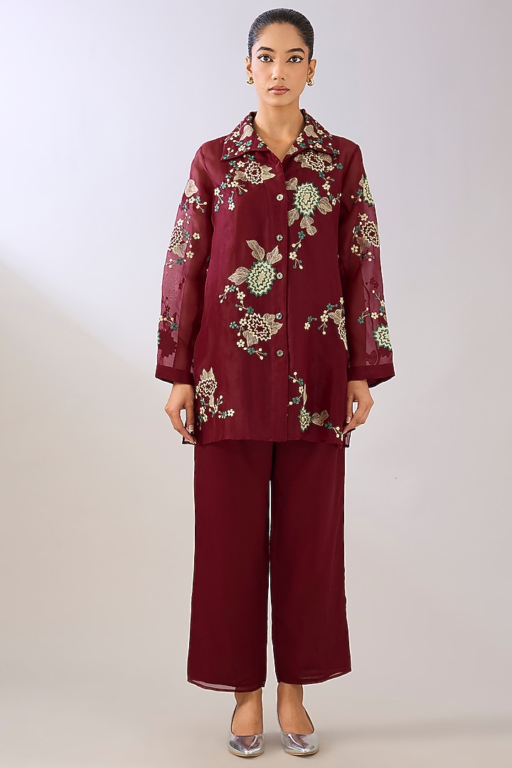 Ruby Red Silk Organza Thread Embroidered Jacket by Peachoo at Pernia's Pop Up Shop