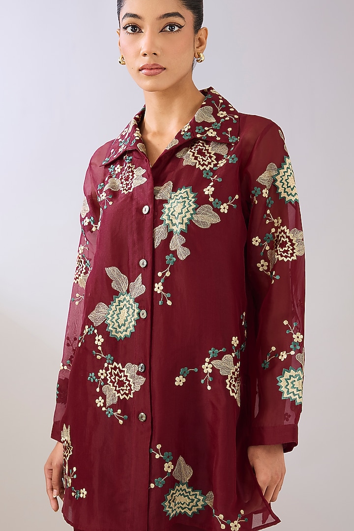 Ruby Red Silk Organza Thread Embroidered Jacket by Peachoo at Pernia's Pop Up Shop
