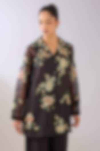 Brown Silk Organza Thread Embroidered Jacket by Peachoo at Pernia's Pop Up Shop