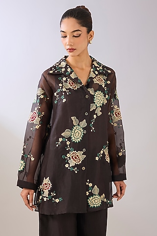 Brown Silk Organza Thread Embroidered Jacket by Peachoo