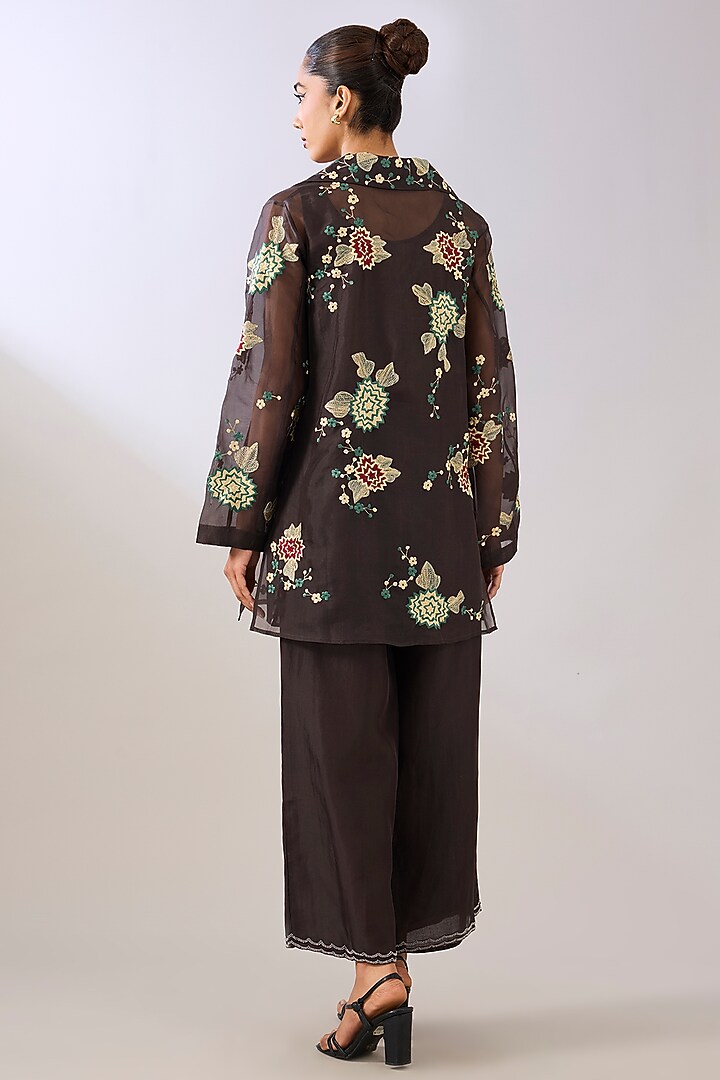 Brown Silk Organza Thread Embroidered Jacket by Peachoo at Pernia's Pop Up Shop