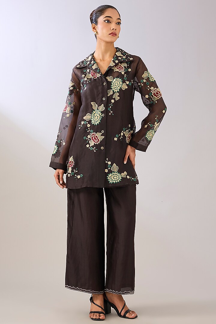 Brown Silk Organza Thread Embroidered Jacket by Peachoo at Pernia's Pop Up Shop