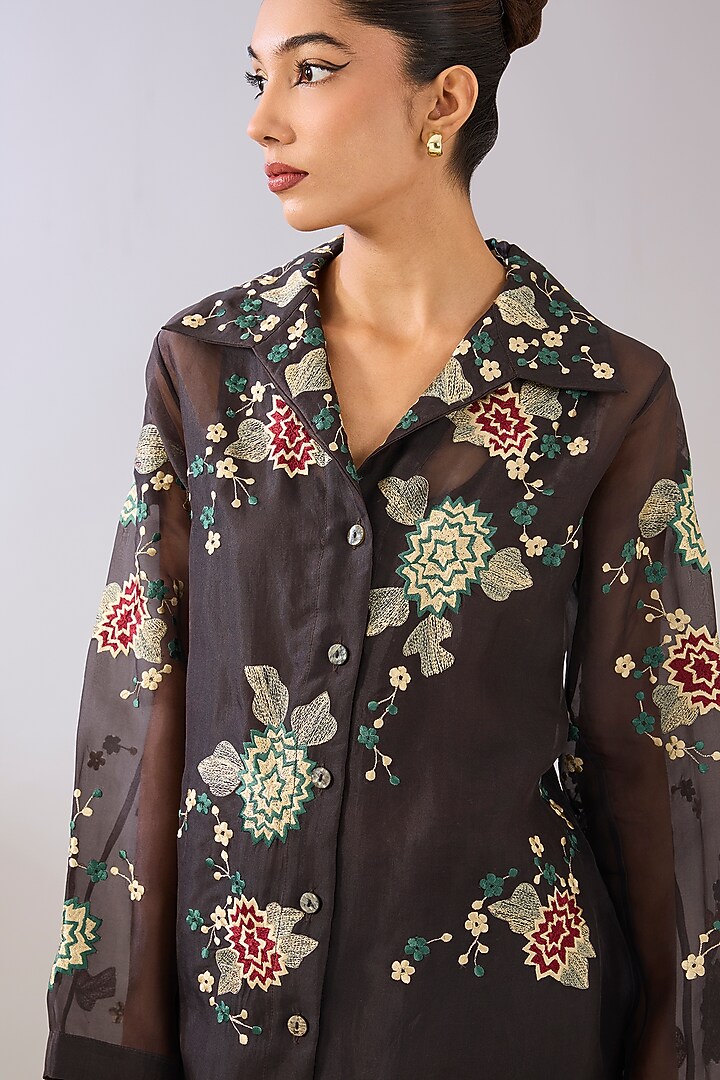 Brown Silk Organza Thread Embroidered Jacket by Peachoo at Pernia's Pop Up Shop