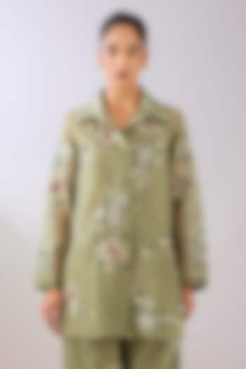 Jade Green Silk Organza Thread Embroidered Jacket by Peachoo at Pernia's Pop Up Shop