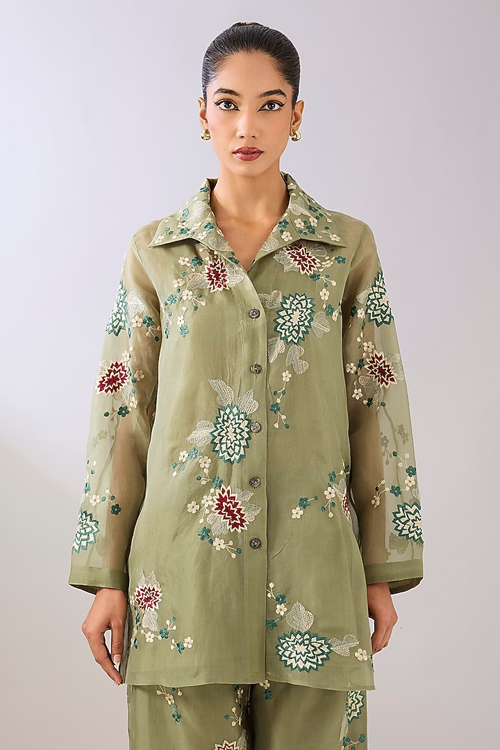 Jade Green Silk Organza Thread Embroidered Jacket by Peachoo at Pernia's Pop Up Shop