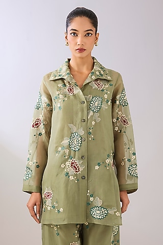Jade Green Silk Organza Thread Embroidered Jacket by Peachoo