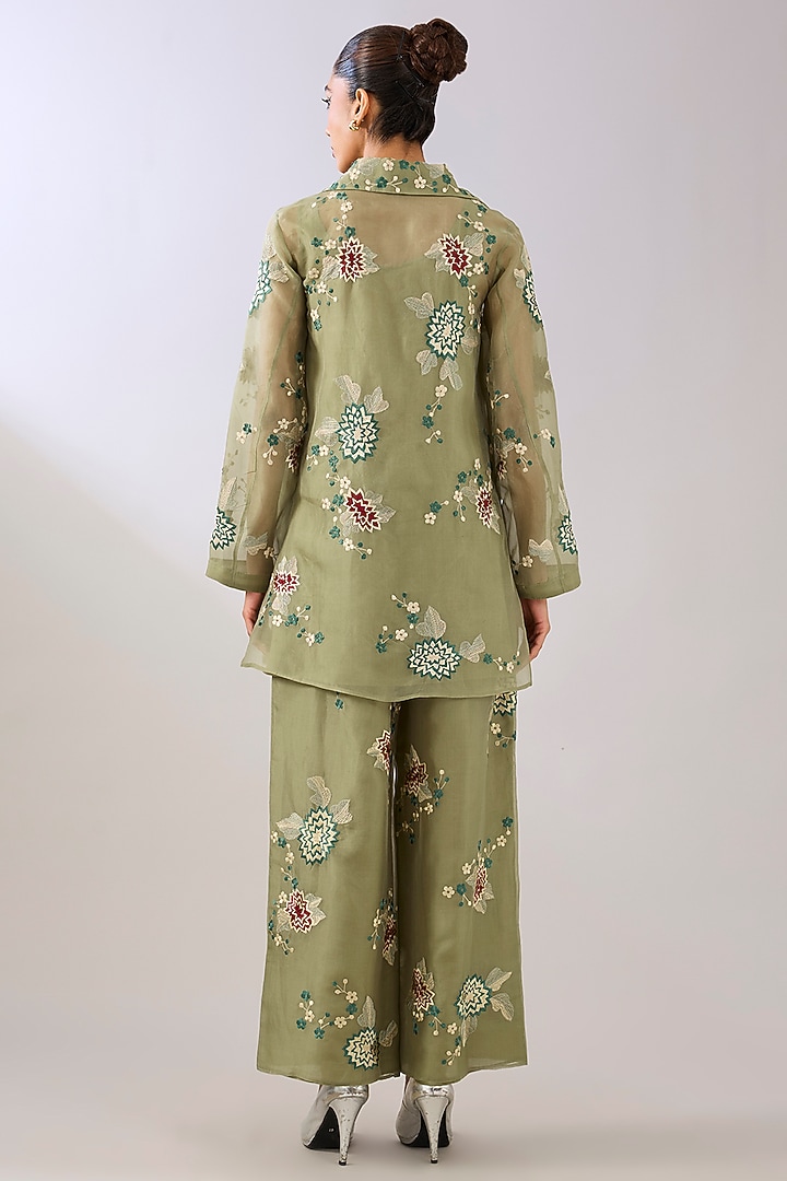 Jade Green Silk Organza Thread Embroidered Jacket by Peachoo at Pernia's Pop Up Shop