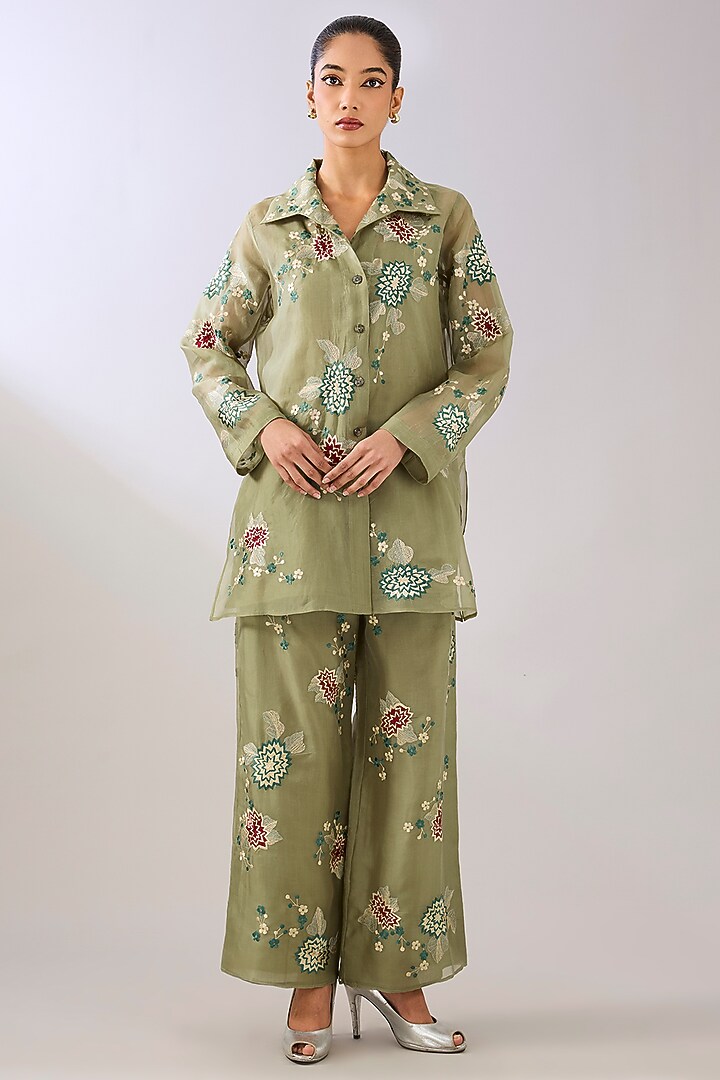 Jade Green Silk Organza Thread Embroidered Jacket by Peachoo at Pernia's Pop Up Shop