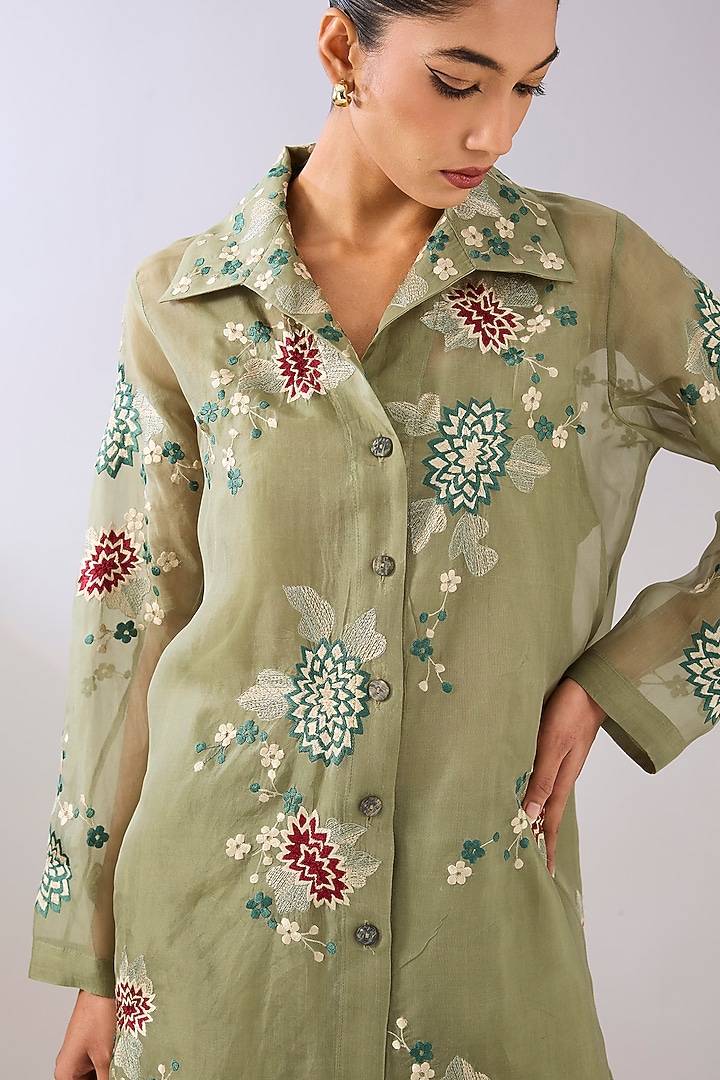 Jade Green Silk Organza Thread Embroidered Jacket by Peachoo at Pernia's Pop Up Shop