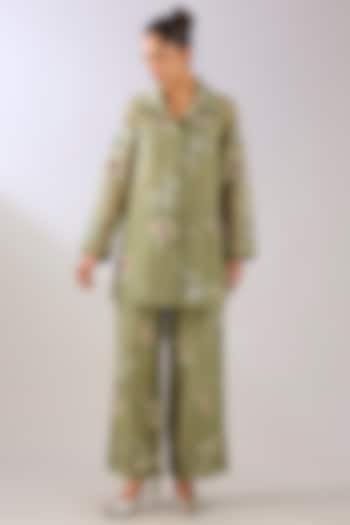 Jade Green Silk Organza Thread Embroidered Palazzo Pant by Peachoo at Pernia's Pop Up Shop