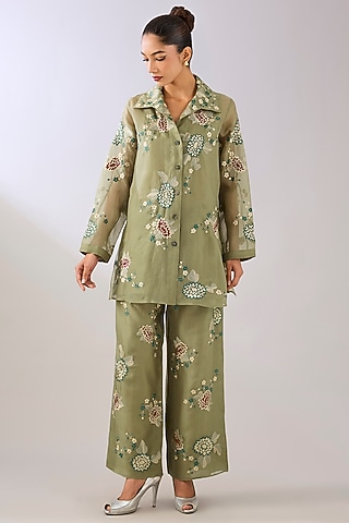 Jade Green Silk Organza Thread Embroidered Palazzo Pant by Peachoo