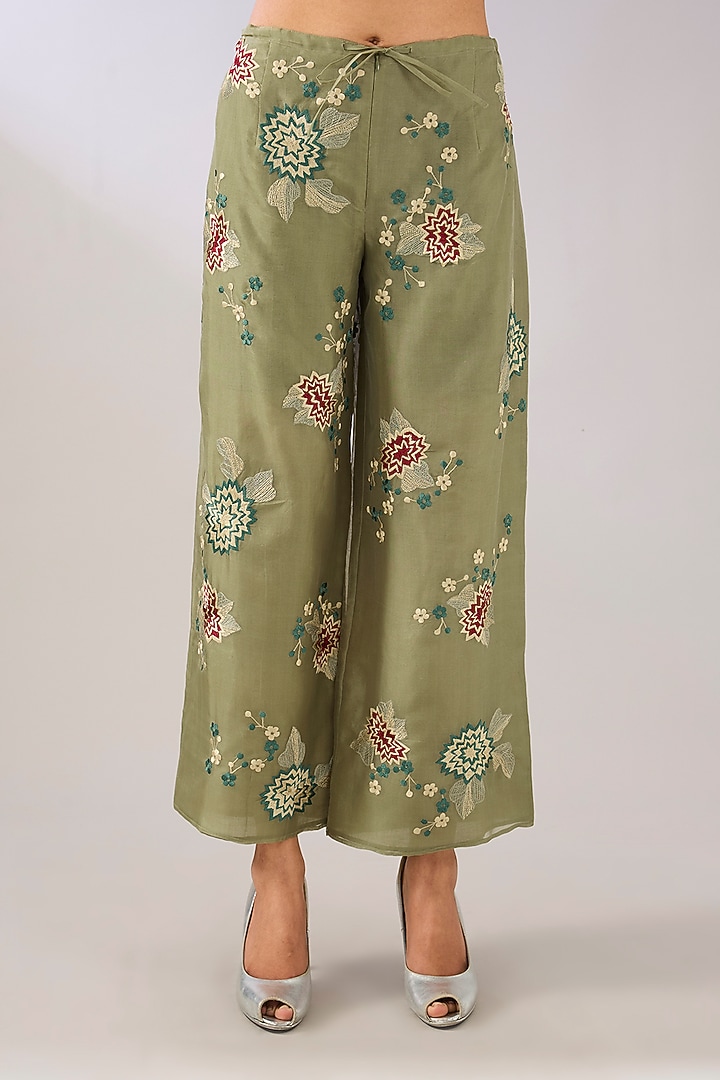 Jade Green Silk Organza Thread Embroidered Palazzo Pant by Peachoo at Pernia's Pop Up Shop