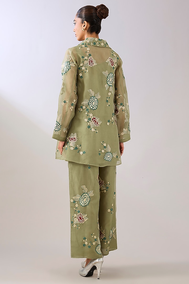 Jade Green Silk Organza Thread Embroidered Palazzo Pant by Peachoo at Pernia's Pop Up Shop
