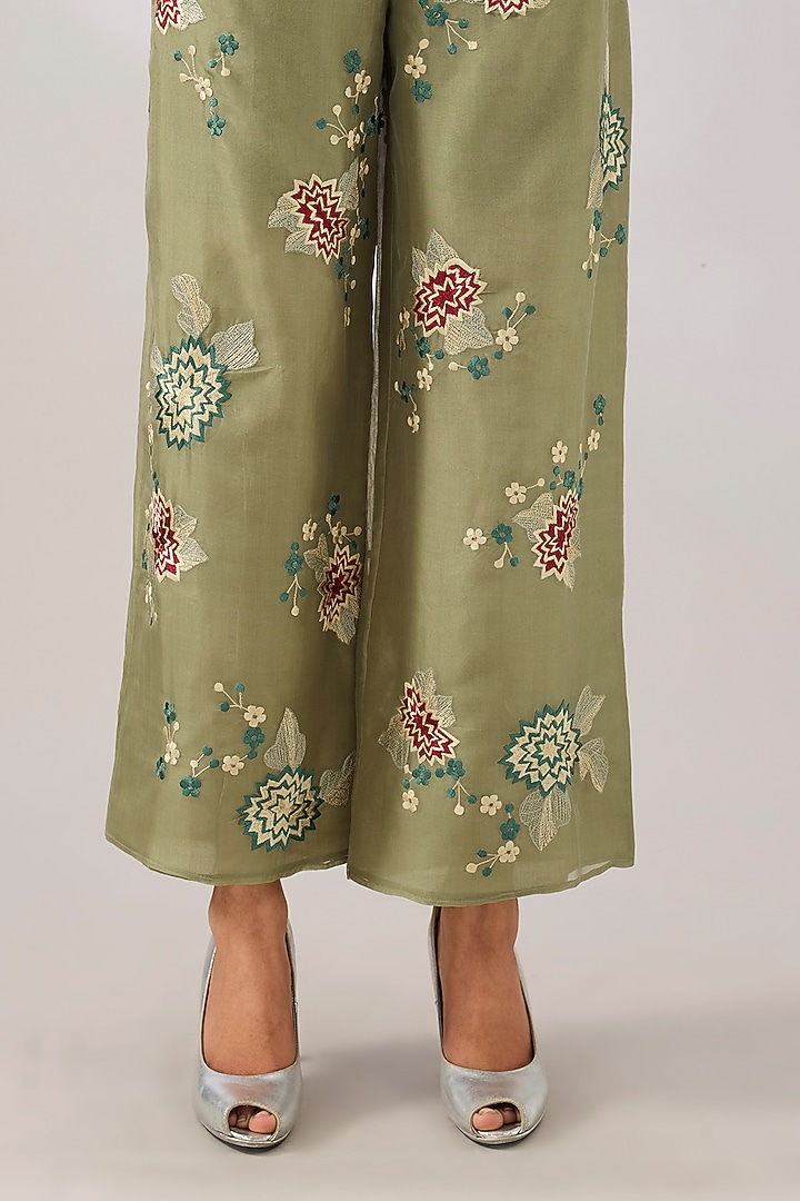 Jade Green Silk Organza Thread Embroidered Palazzo Pant by Peachoo at Pernia's Pop Up Shop