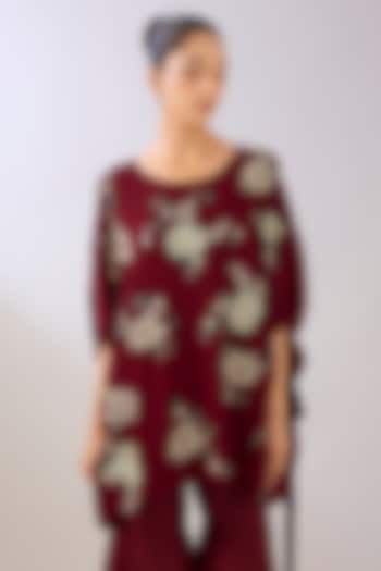 Ruby Red Silk Organza Thread Embroidered Top by Peachoo at Pernia's Pop Up Shop