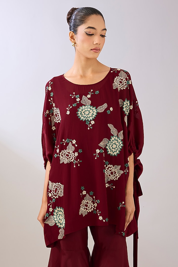 Ruby Red Silk Organza Thread Embroidered Top by Peachoo at Pernia's Pop Up Shop