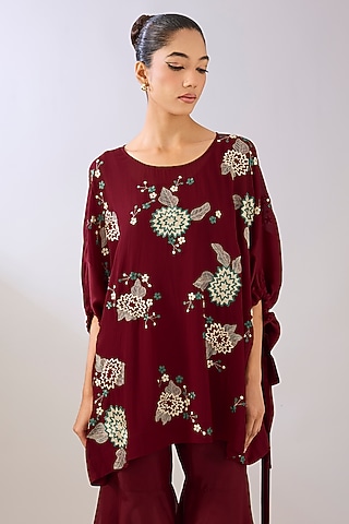 Ruby Red Silk Organza Thread Embroidered Top by Peachoo