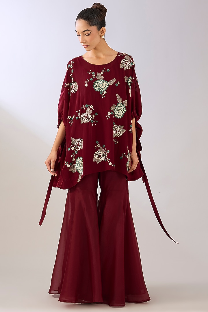 Ruby Red Silk Organza Thread Embroidered Top by Peachoo at Pernia's Pop Up Shop
