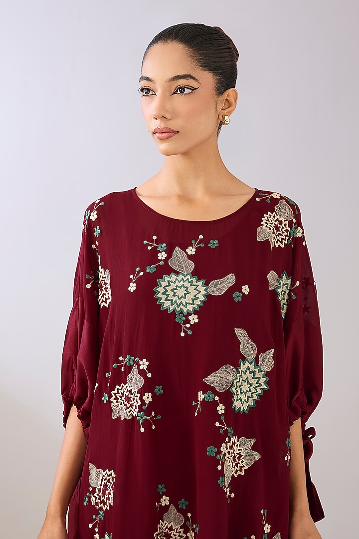 Ruby Red Silk Organza Thread Embroidered Top by Peachoo at Pernia's Pop Up Shop