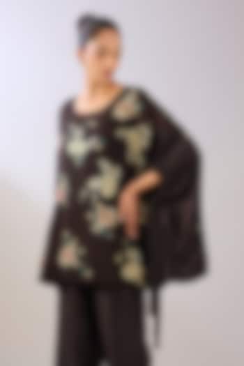 Brown Silk Organza Thread Embroidered Top by Peachoo at Pernia's Pop Up Shop