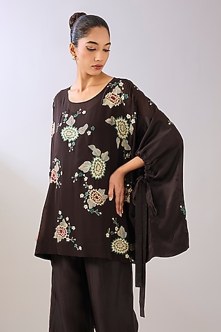 Brown Silk Organza Thread Embroidered Top by Peachoo