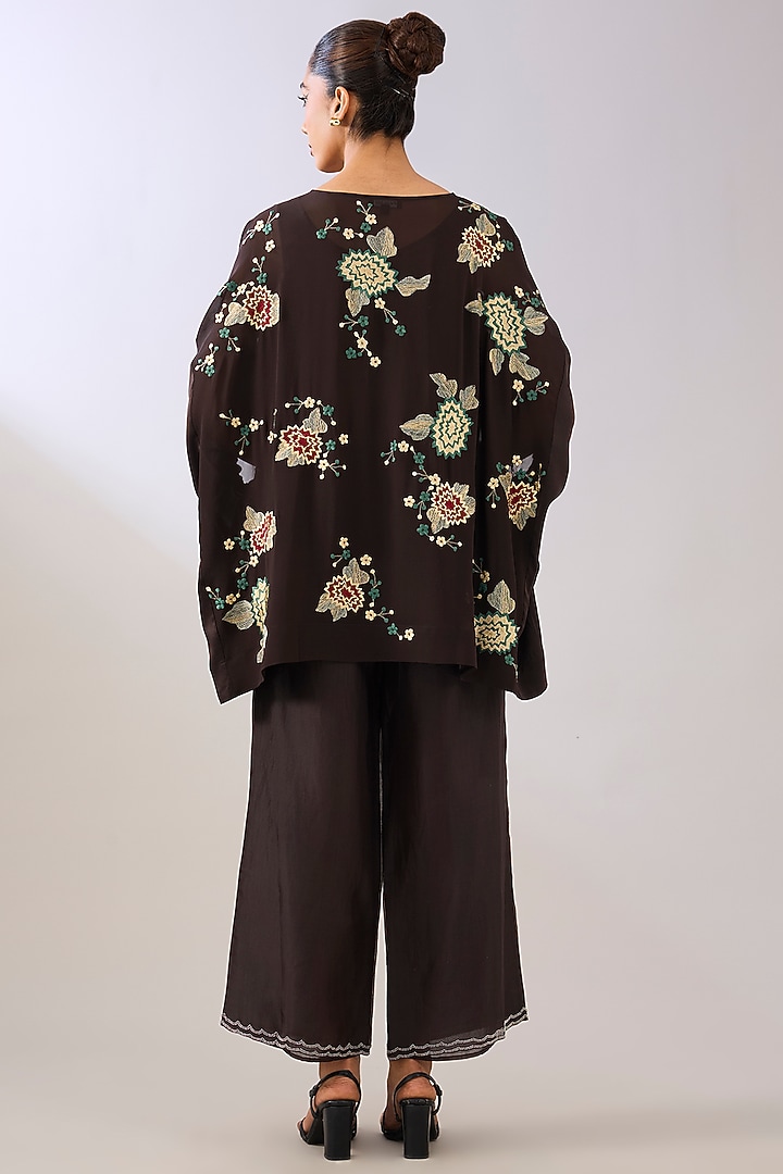 Brown Silk Organza Thread Embroidered Top by Peachoo at Pernia's Pop Up Shop