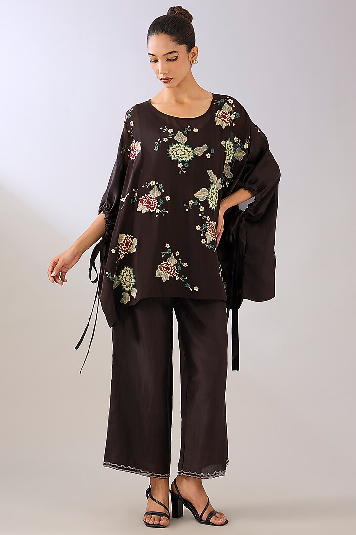 Brown Silk Organza Thread Embroidered Top by Peachoo at Pernia's Pop Up Shop