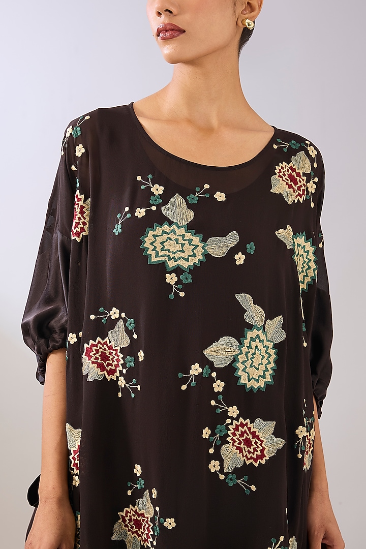 Brown Silk Organza Thread Embroidered Top by Peachoo at Pernia's Pop Up Shop