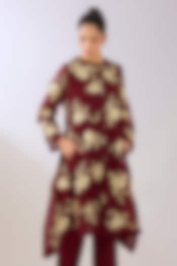 Ruby Red Silk Organza Thread Embroidered Jacket by Peachoo at Pernia's Pop Up Shop