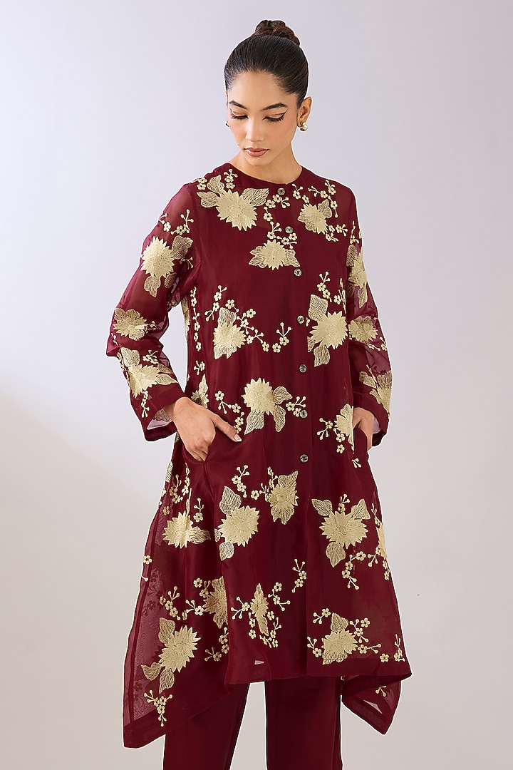 Ruby Red Silk Organza Thread Embroidered Jacket by Peachoo at Pernia's Pop Up Shop