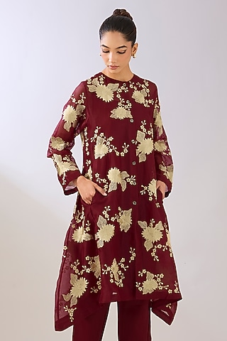 Ruby Red Silk Organza Thread Embroidered Jacket by Peachoo