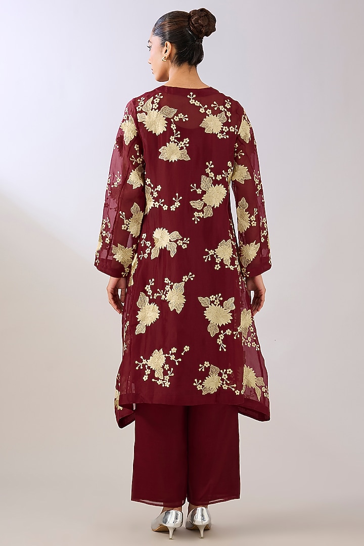 Ruby Red Silk Organza Thread Embroidered Jacket by Peachoo at Pernia's Pop Up Shop