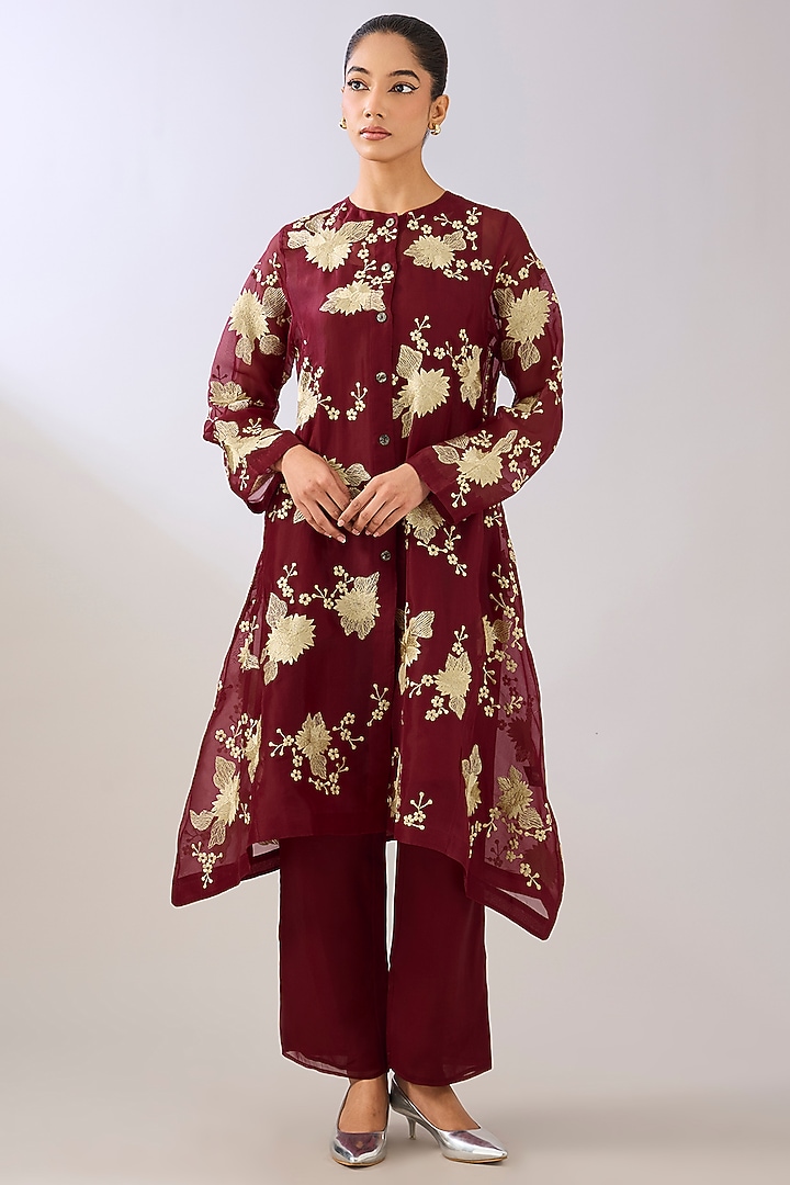 Ruby Red Silk Organza Thread Embroidered Jacket by Peachoo at Pernia's Pop Up Shop