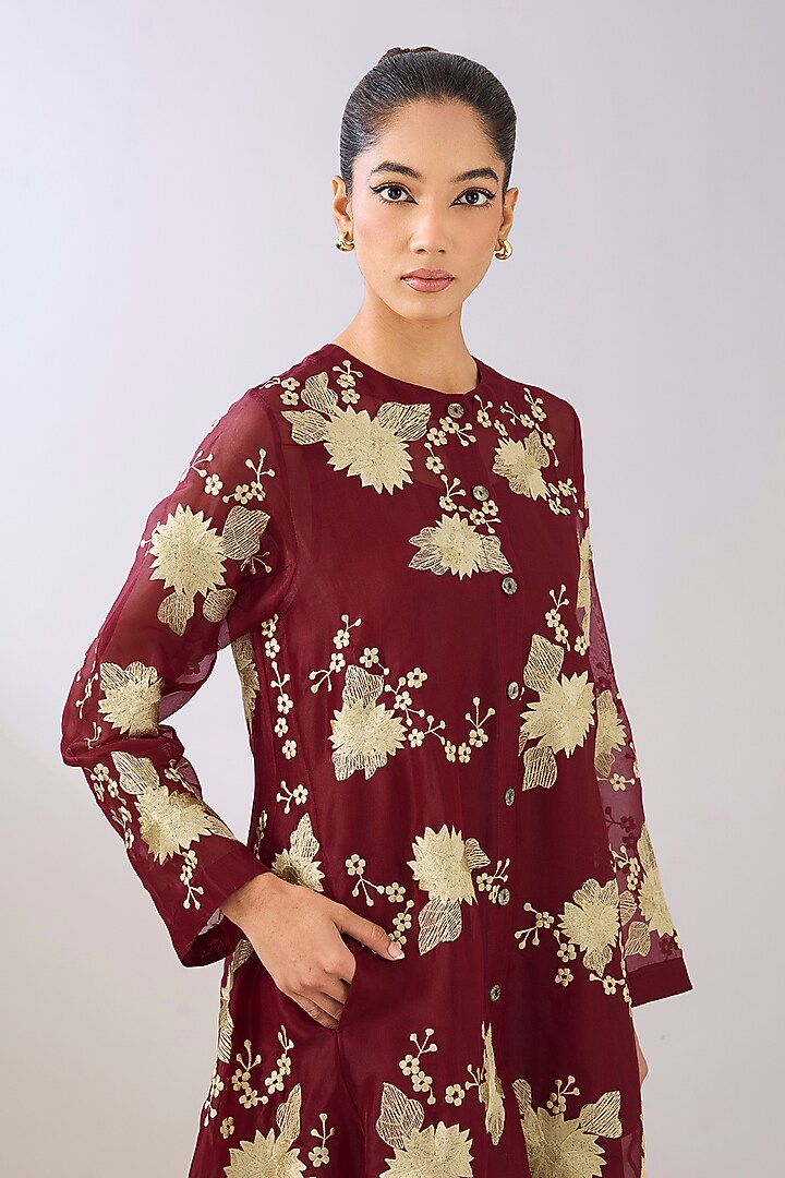 Ruby Red Silk Organza Thread Embroidered Jacket by Peachoo at Pernia's Pop Up Shop