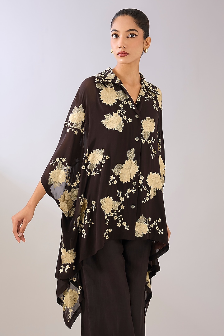 Brown Silk Organza Thread Embroidered Top by Peachoo at Pernia's Pop Up Shop