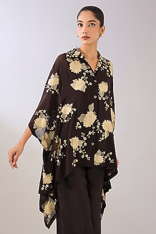 Brown Silk Organza Thread Embroidered Top by Peachoo