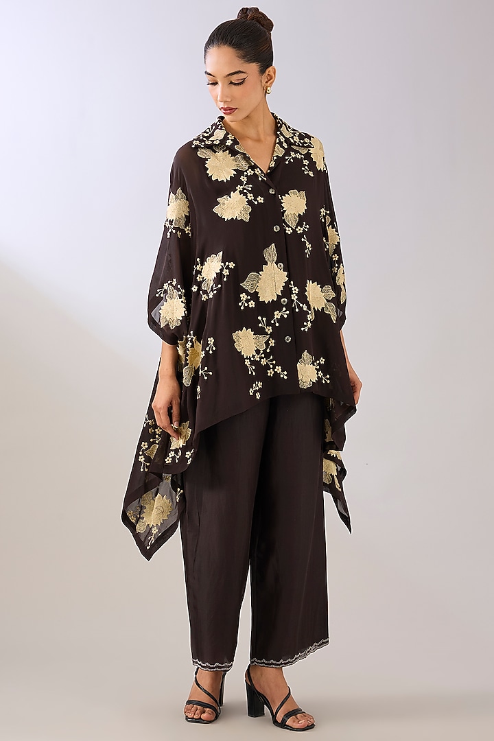 Brown Silk Organza Thread Embroidered Top by Peachoo at Pernia's Pop Up Shop