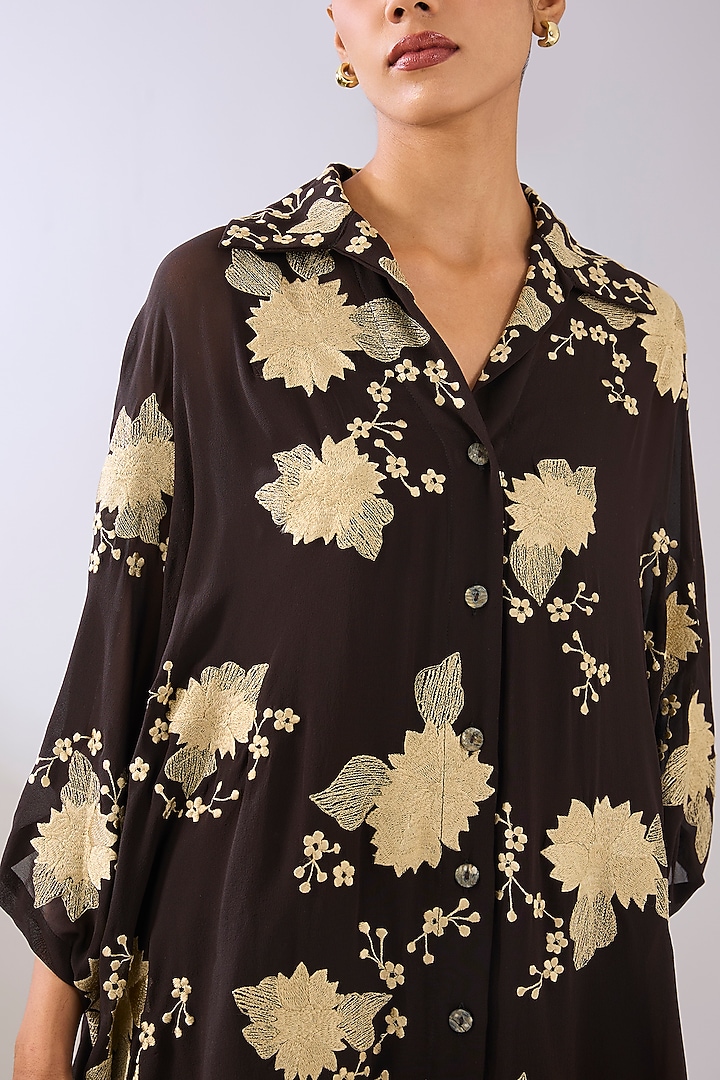 Brown Silk Organza Thread Embroidered Top by Peachoo at Pernia's Pop Up Shop