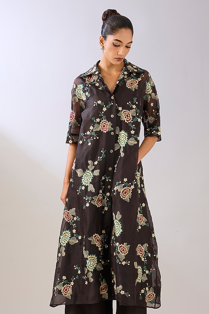 Brown Silk Organza Thread Embroidered Maxi Cocktail Dress by Peachoo at Pernia's Pop Up Shop