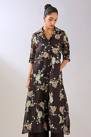 Brown Silk Organza Thread Embroidered Maxi Dress by Peachoo