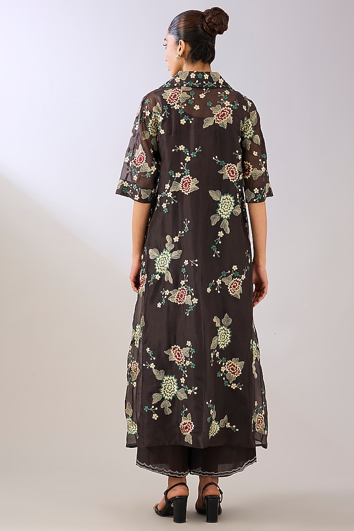Brown Silk Organza Thread Embroidered Maxi Cocktail Dress by Peachoo at Pernia's Pop Up Shop