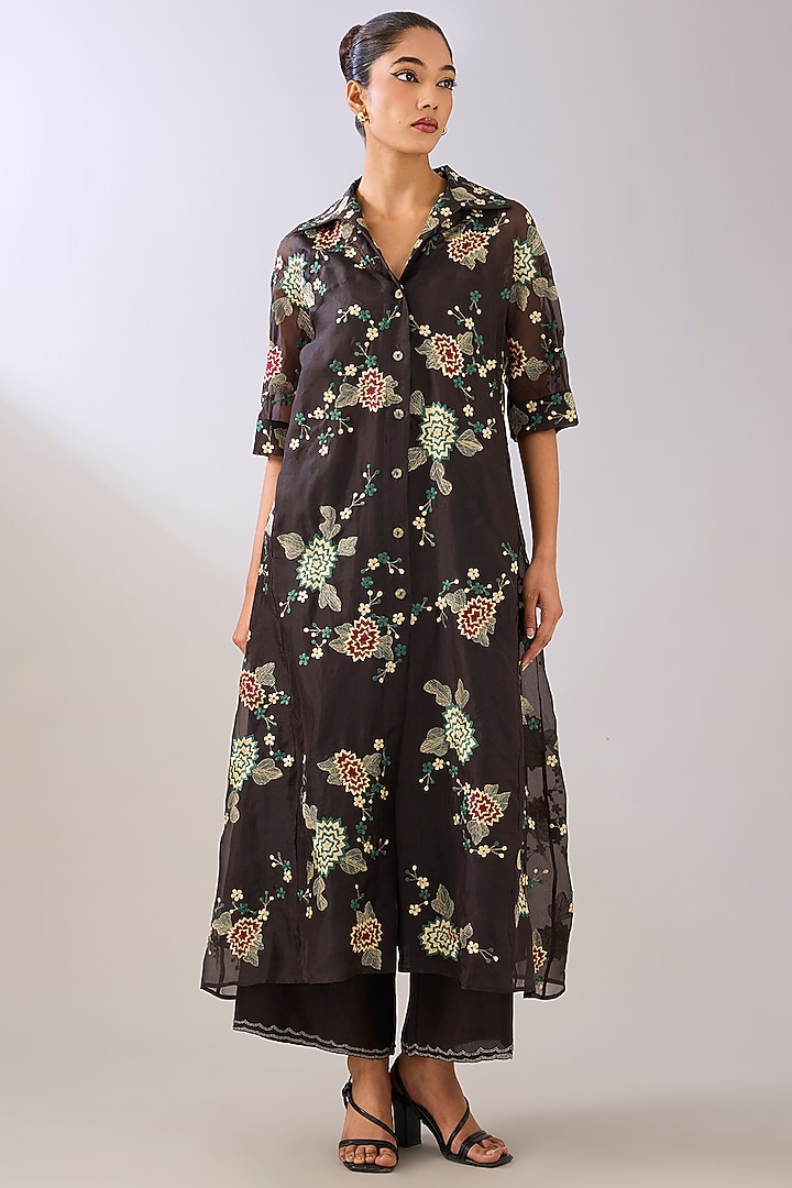 Brown Silk Organza Thread Embroidered Maxi Cocktail Dress by Peachoo at Pernia's Pop Up Shop
