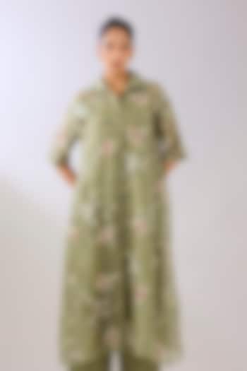 Jade Green Silk Organza Thread Embroidered Maxi Cocktail Dress by Peachoo at Pernia's Pop Up Shop